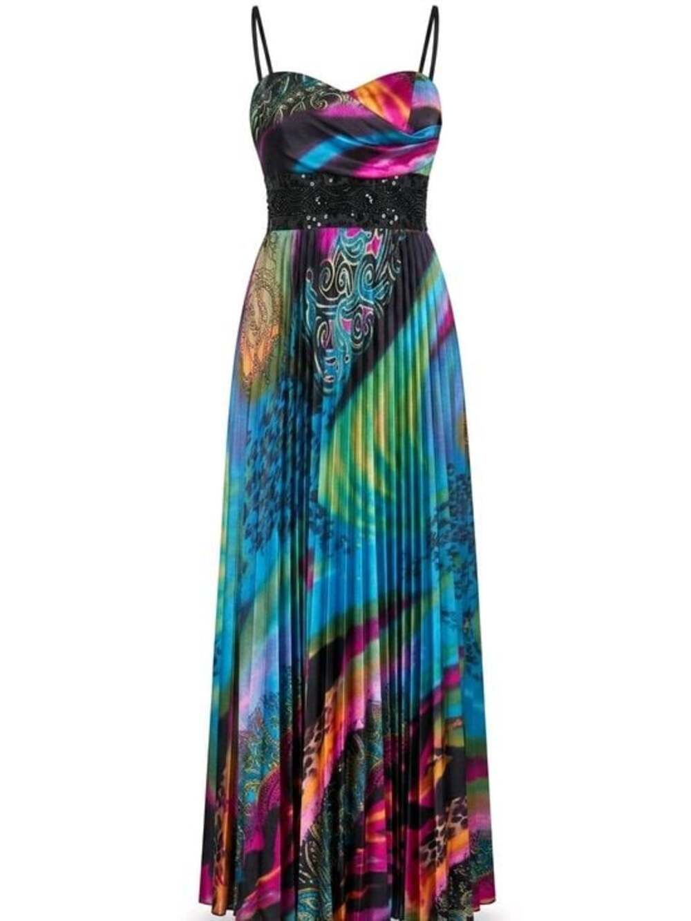 Multicolor Pleated Maxi Dress with Embellished Waist